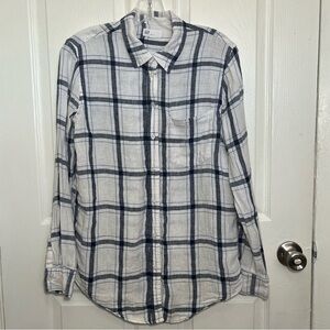 GAP Plaid Navy and white Long Sleeve Button Down Women’s Linen Top | size Small
